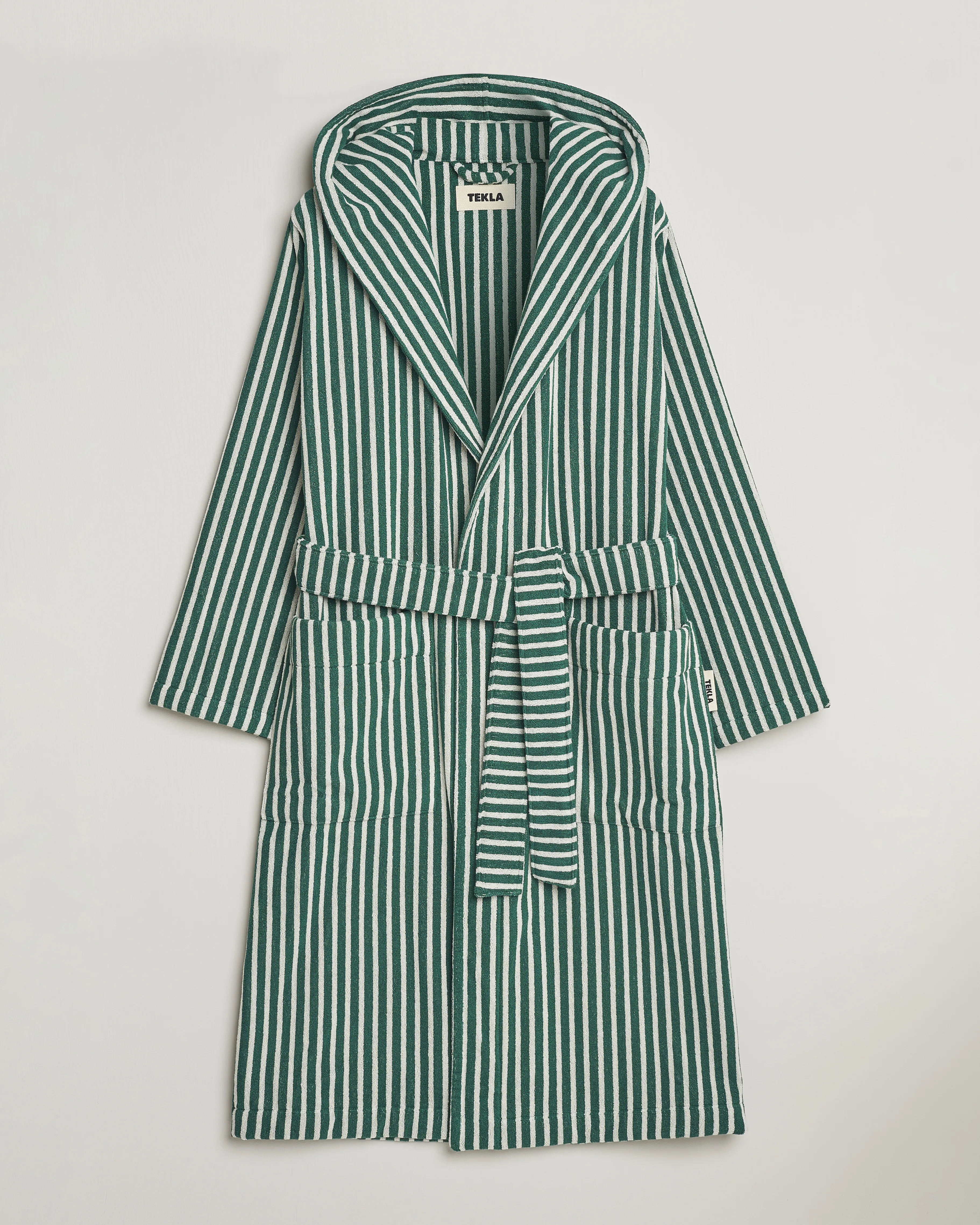 Tekla Organic Terry Hooded Bathrobe Teal Green Stripes