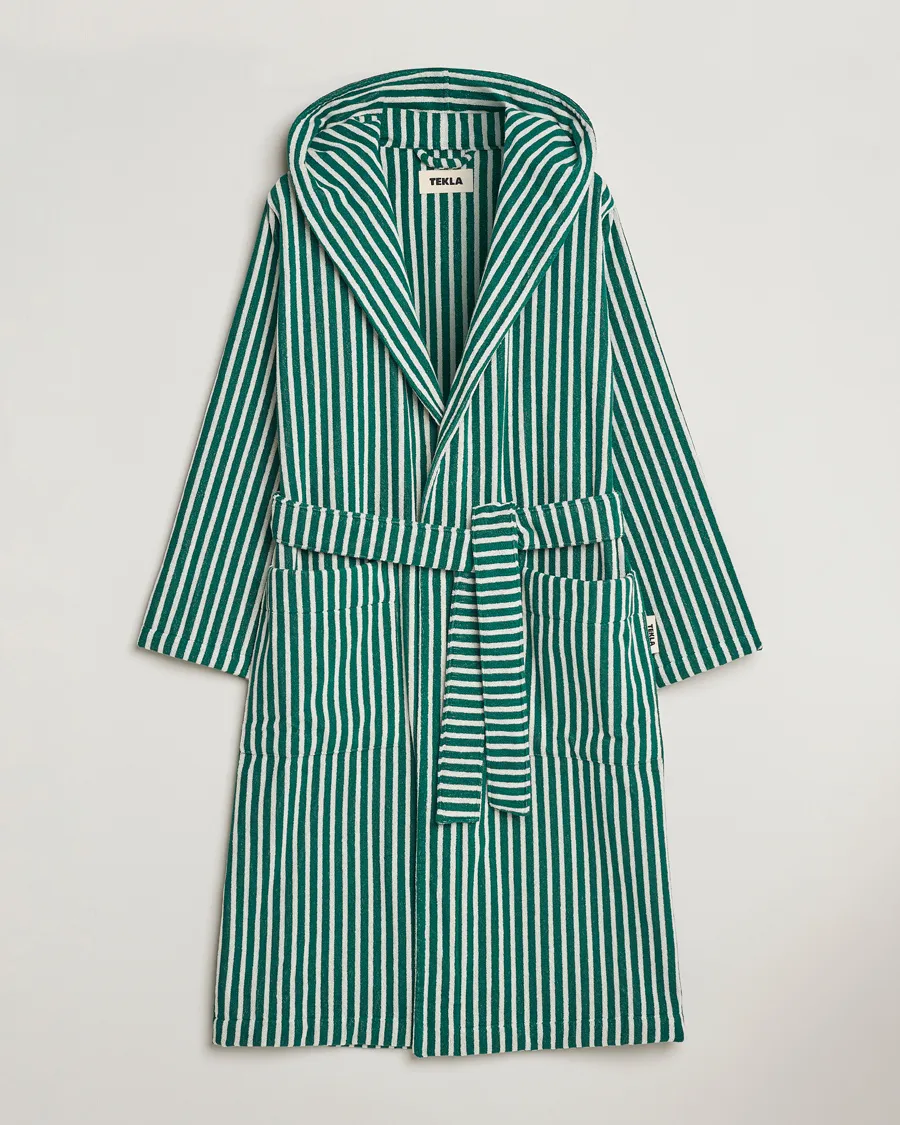 Tekla Organic Terry Hooded Bathrobe Teal Green Stripes