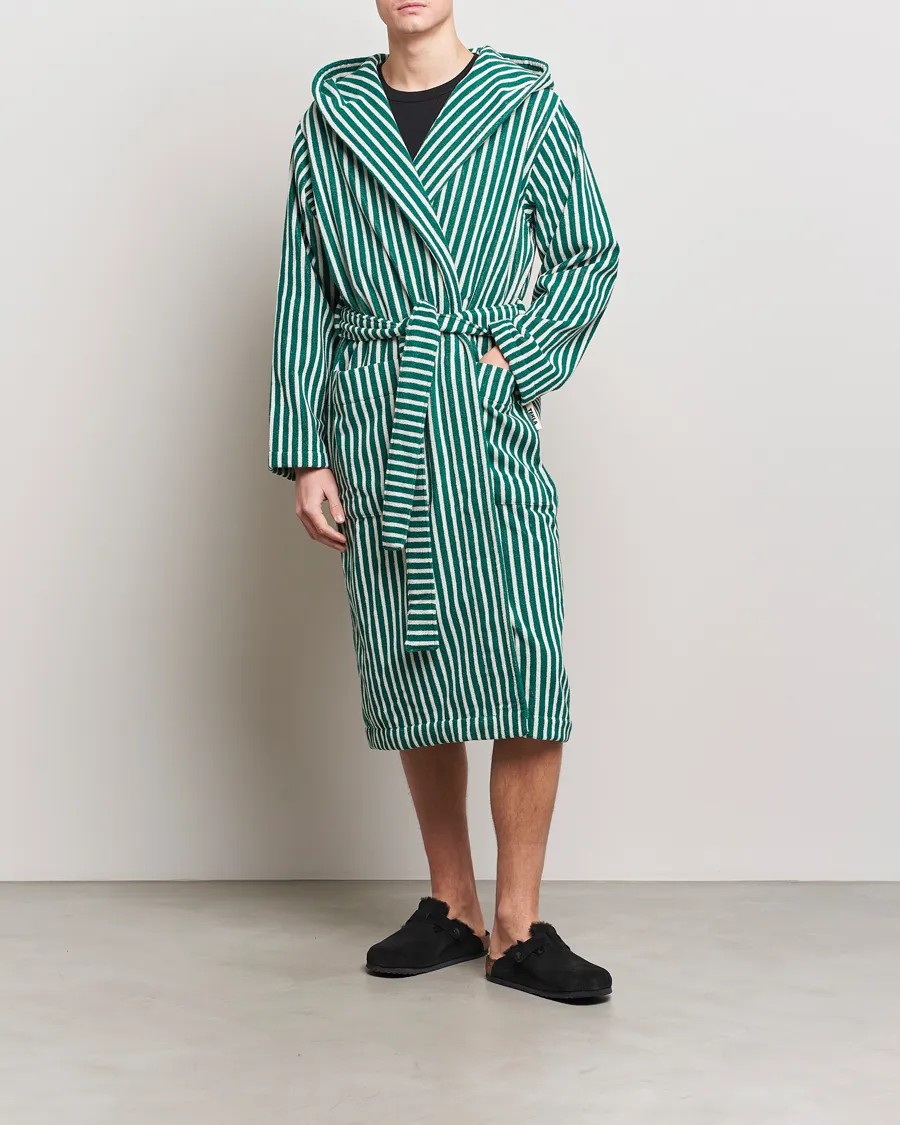 Tekla Organic Terry Hooded Bathrobe Teal Green Stripes