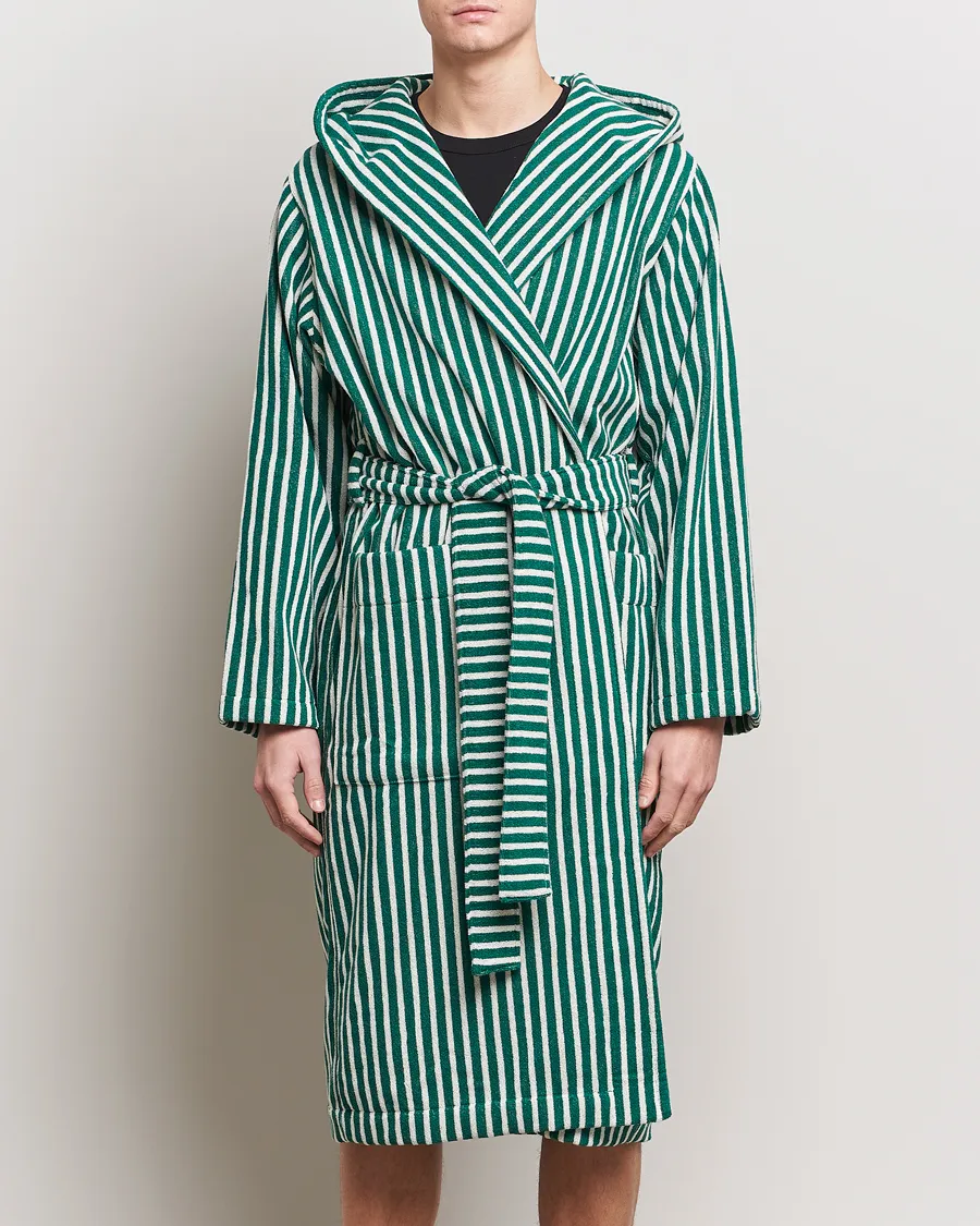 Tekla Organic Terry Hooded Bathrobe Teal Green Stripes