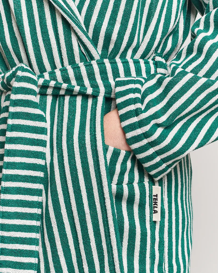 Tekla Organic Terry Hooded Bathrobe Teal Green Stripes